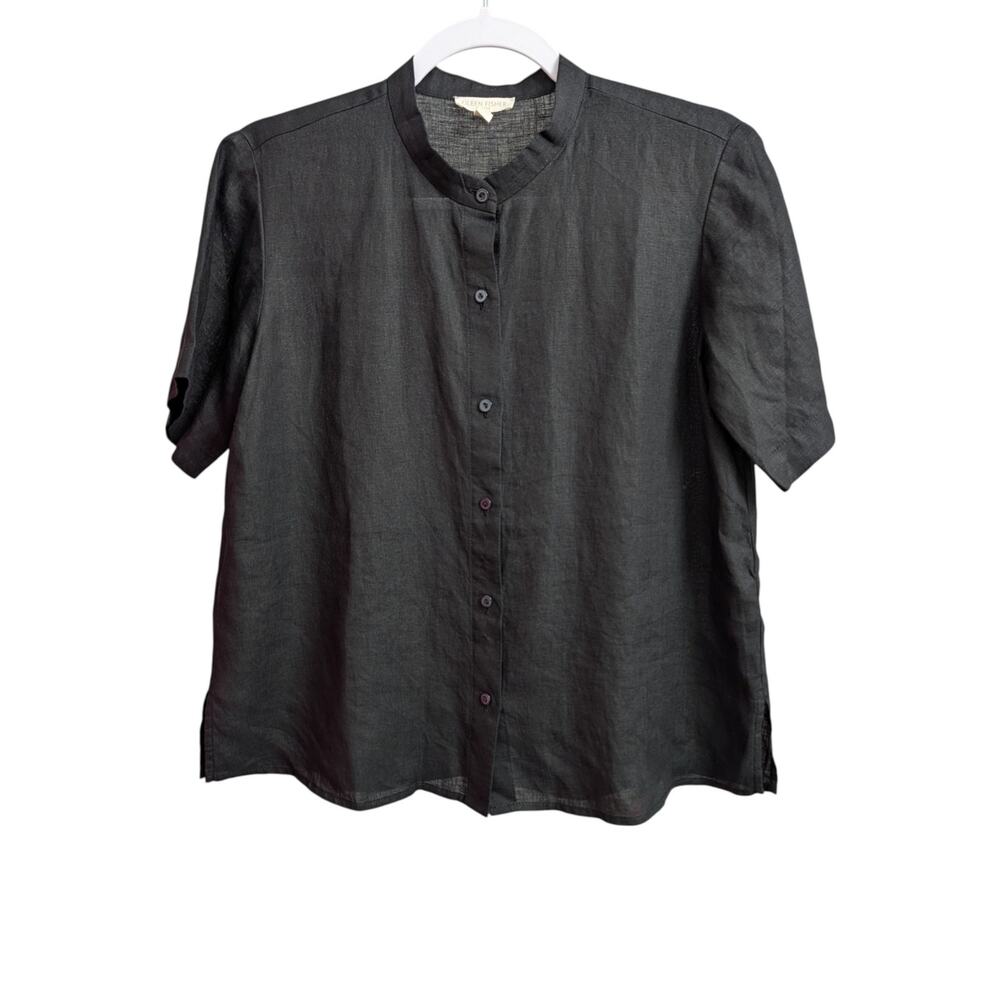 Eileen Fisher Organic Handkerchief Linen Band Collar Short-Sleeve Shirt Petite - Picture 6 of 10